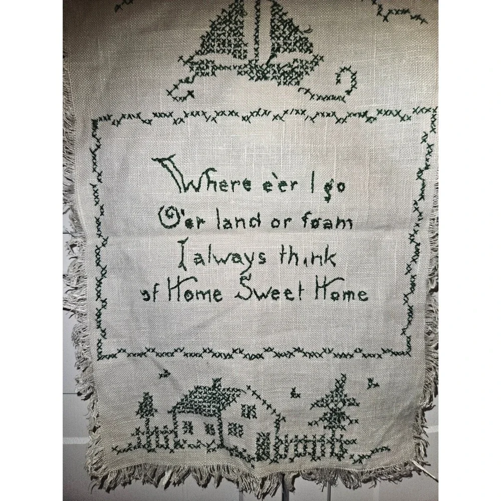 Vintage Handmade Cross Stitch Sampler Home Sweet Home Sailboat Linen Fringed